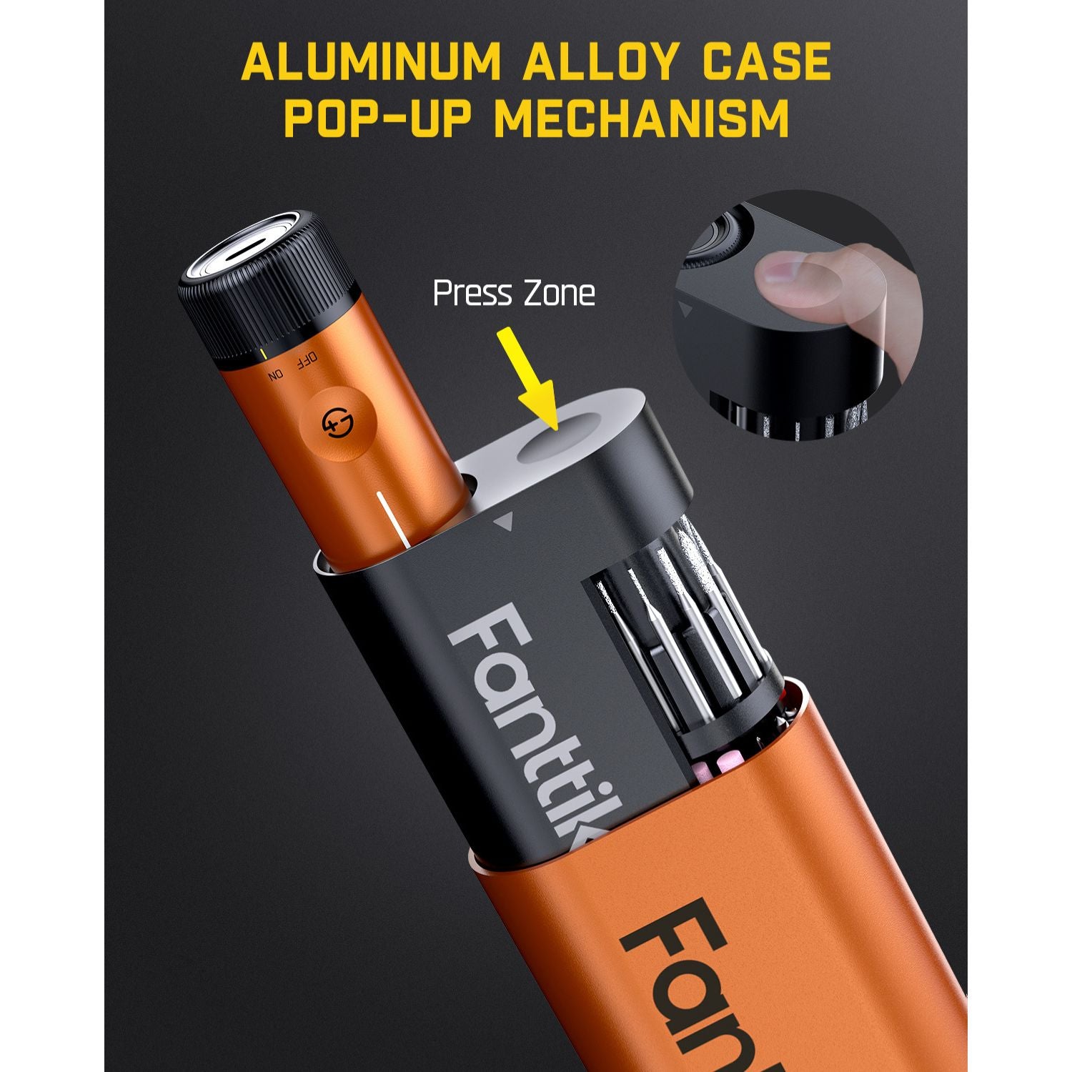 Fanttik F2 PRO Cordless Rotary Tool Kit with aluminum alloy case and pop-up mechanism showing press zone and accessories.