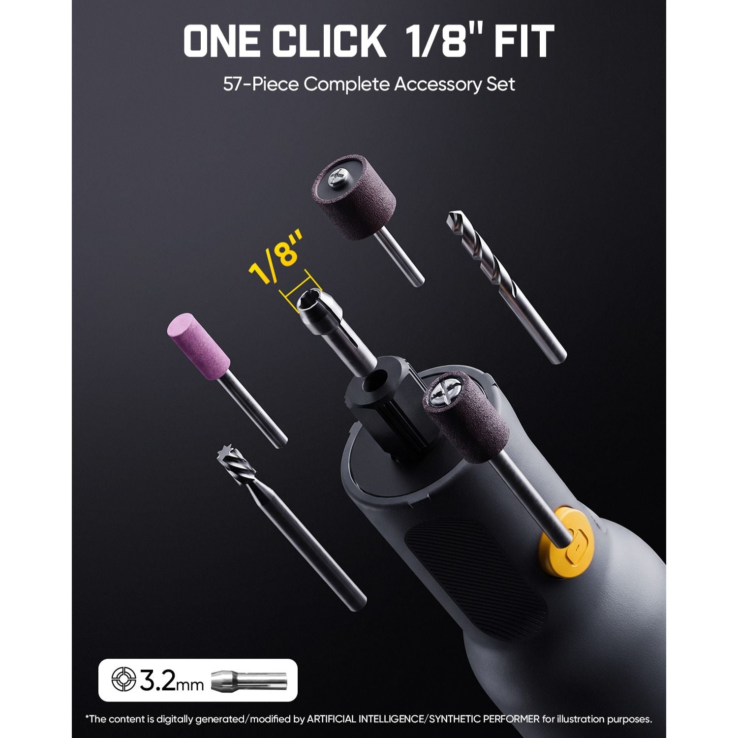 A 57-piece complete accessory set for a rotary drill, featuring various drill bits and grinding wheels shown floating around a drill chuck. The image includes text overlays reading 'ONE CLICK 1/8" FIT' and '57-Piece Complete Accessory Set', along with a size indicator for 3.