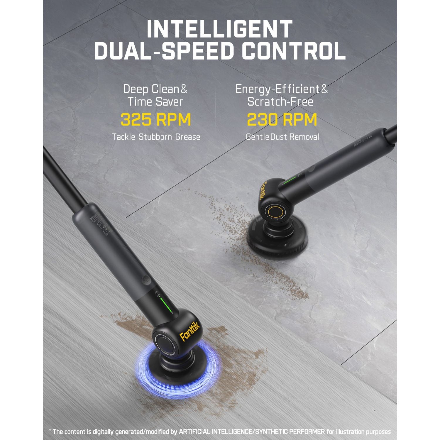 A cordless G9 Pro Electric Spin Scrubber shown in two angles on a gray tiled floor, with marketing text at the top reading 'INTELLIGENT DUAL-SPEED CONTROL' and feature callouts for 325 RPM deep clean and 230 RPM gentle dust removal. The product body is black with small yellow and green accents.