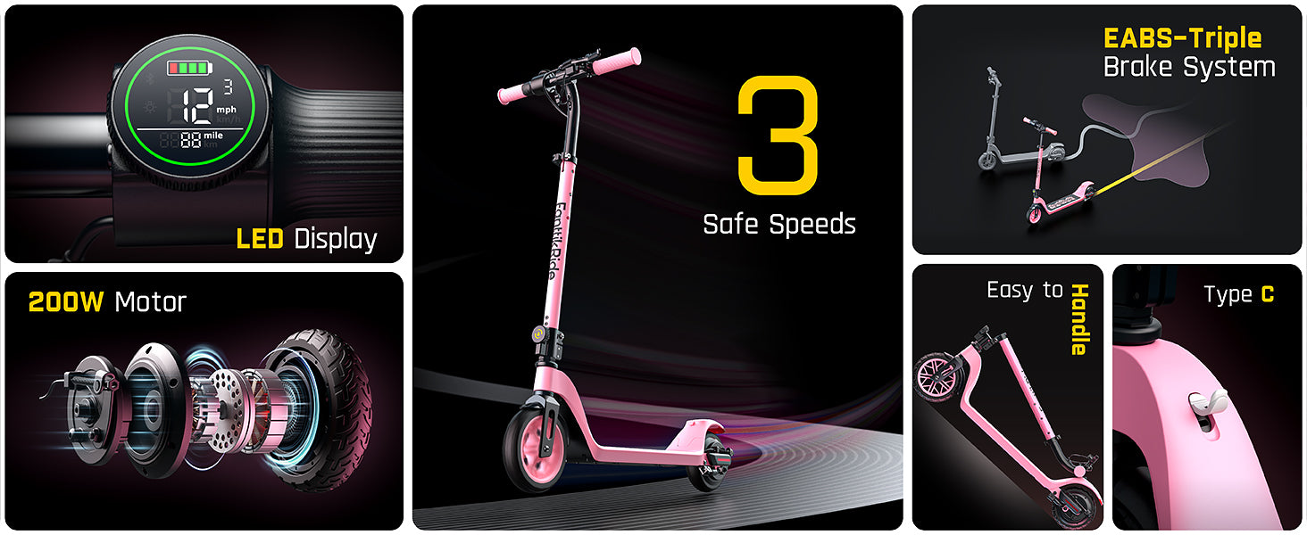 FanttikRide T10 Electric Scooter for Kids,LED Battery Level,7/10/12 MPH, Height Adjustable and 45W Fast Charging, Foldable Electric Scooter for Kids 4.3-5.6 ft, Foldable E-Scooter