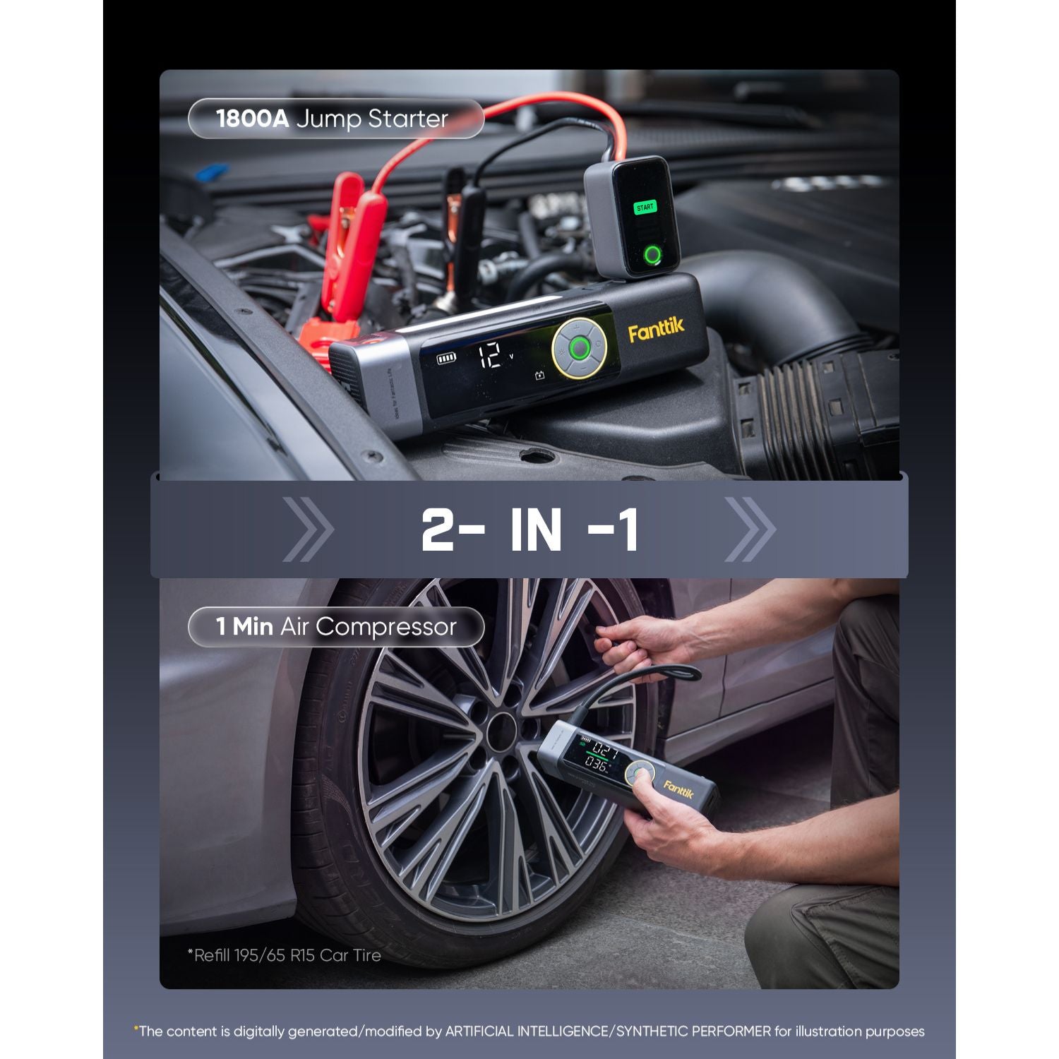 A car jump starter and 1-minute air compressor combo shown connected to a car engine and used to inflate a tire, with overlaid text reading '1800A Jump Starter', '2- IN -1', and '1 Min Air Compressor'.