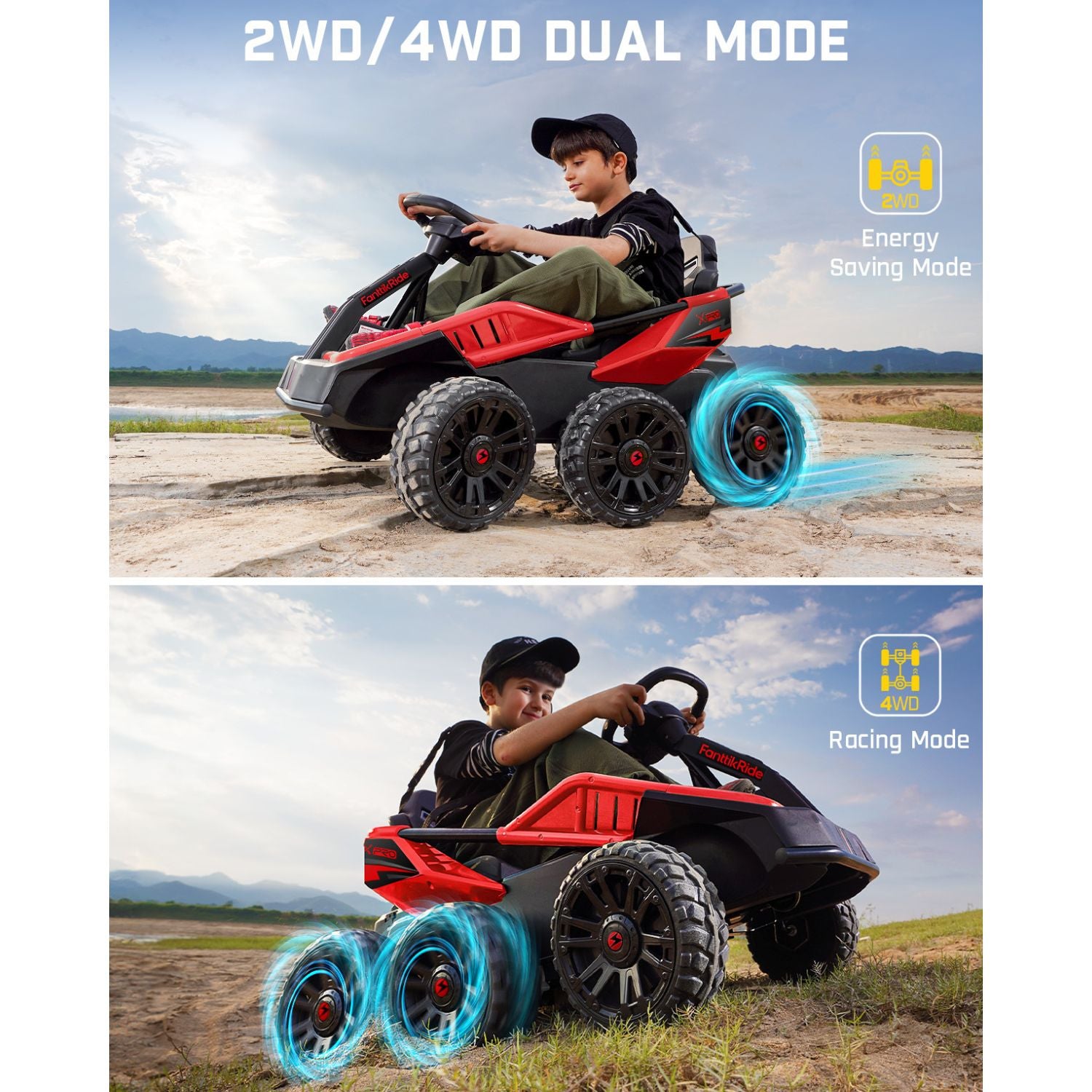 FanttikRide 24V Ride on Toys for Big Kids, 6 Eva Wheels UTV, 4x75W 5.9MPH Powerful Electric Car, 4WD/2WD Switch, Parent Remote, 4 Shock Absorbers, Ideal Gift for Kids Ages 3+