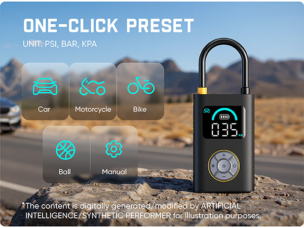 A digital air pump preset device shown on a rocky desert road with mountains in the background. The device is black with a digital display and a circular control dial.