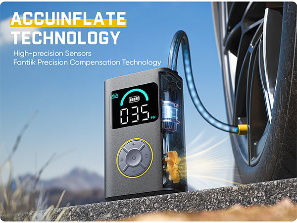 A portable car tire inflator standing on a road next to a vehicle wheel, with a blue air hose connected. The device has a digital display showing 35 PSI and a circular control dial.