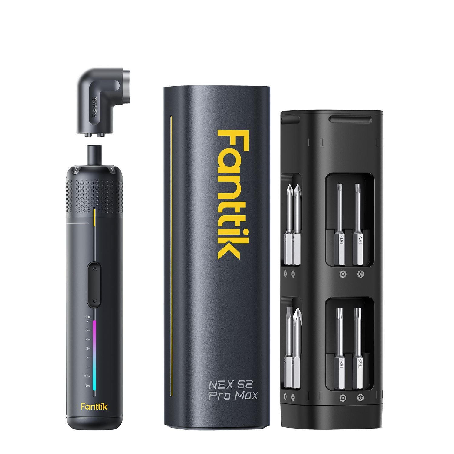 A  S2 Pro Max Cordless Electric Screwdriver shown on a white background, including the black screwdriver with a 90-degree angle adapter, its tall black cylindrical battery pack with yellow Fanttik branding, and a black multi-port battery charger.