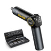 A black handheld electric screwdriver with a digital display screen and yellow accents, shown alongside its open black charging case containing multiple screwdriver bits. The brand name 'Fanttik' is printed in yellow on the screwdriver body.