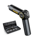 A black handheld electric screwdriver with a digital display screen and yellow accents, shown alongside its open black charging case containing multiple screwdriver bits. The brand name 'Fanttik' is printed in yellow on the screwdriver body.