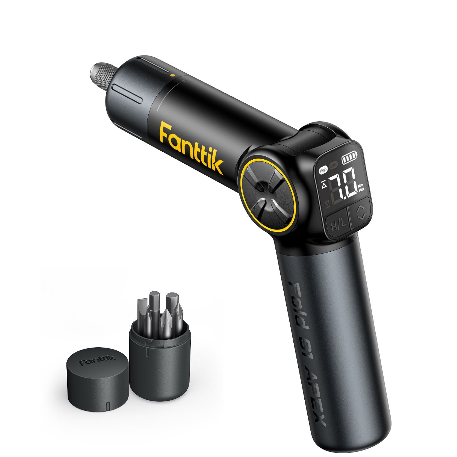 A black handheld electric screwdriver with a digital display screen and yellow accents, shown alongside its accessory bit holder and cap on a clean white background. The brand name 'Fanttik' is clearly visible on both the screwdriver body and the cap.