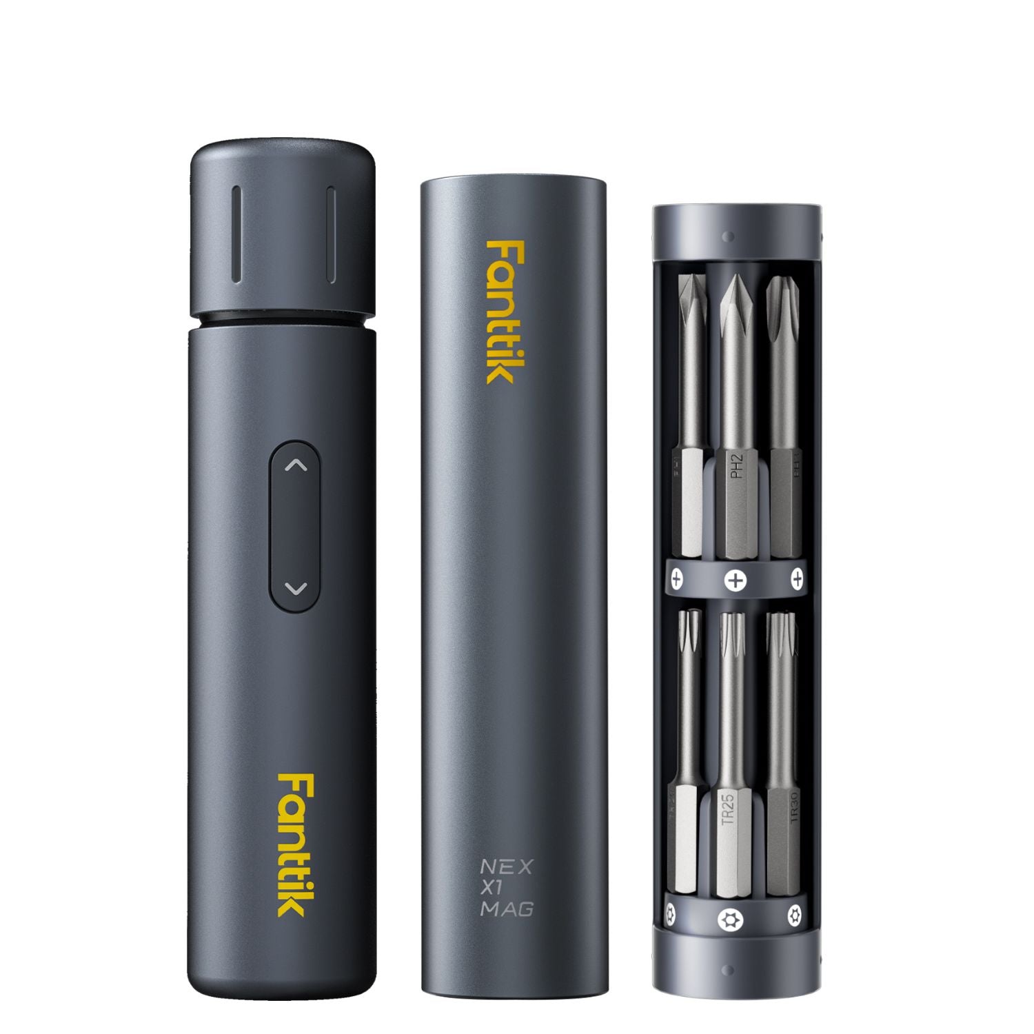 A 9-piece magnetic screwdriver set by Fanttik, including a dark gray power bank, a matching cylindrical battery case, and an open case displaying the nine silver and black magnetic screwdriver bits.