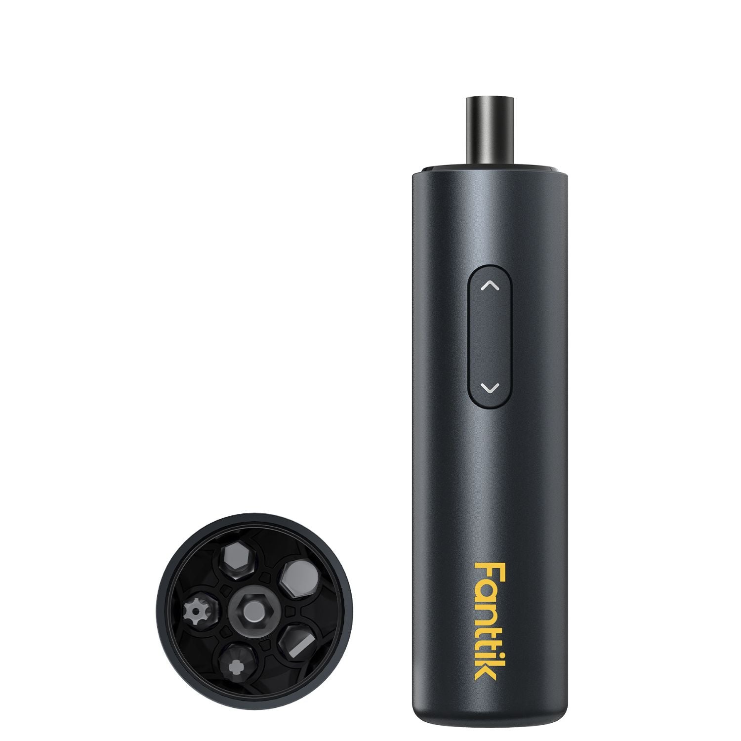 A black Fanttik S1 Capsule Cordless Screwdriver with a gold 'Fanttik' logo, shown next to a circular view of its interchangeable mouthpiece attachments on a solid white background.