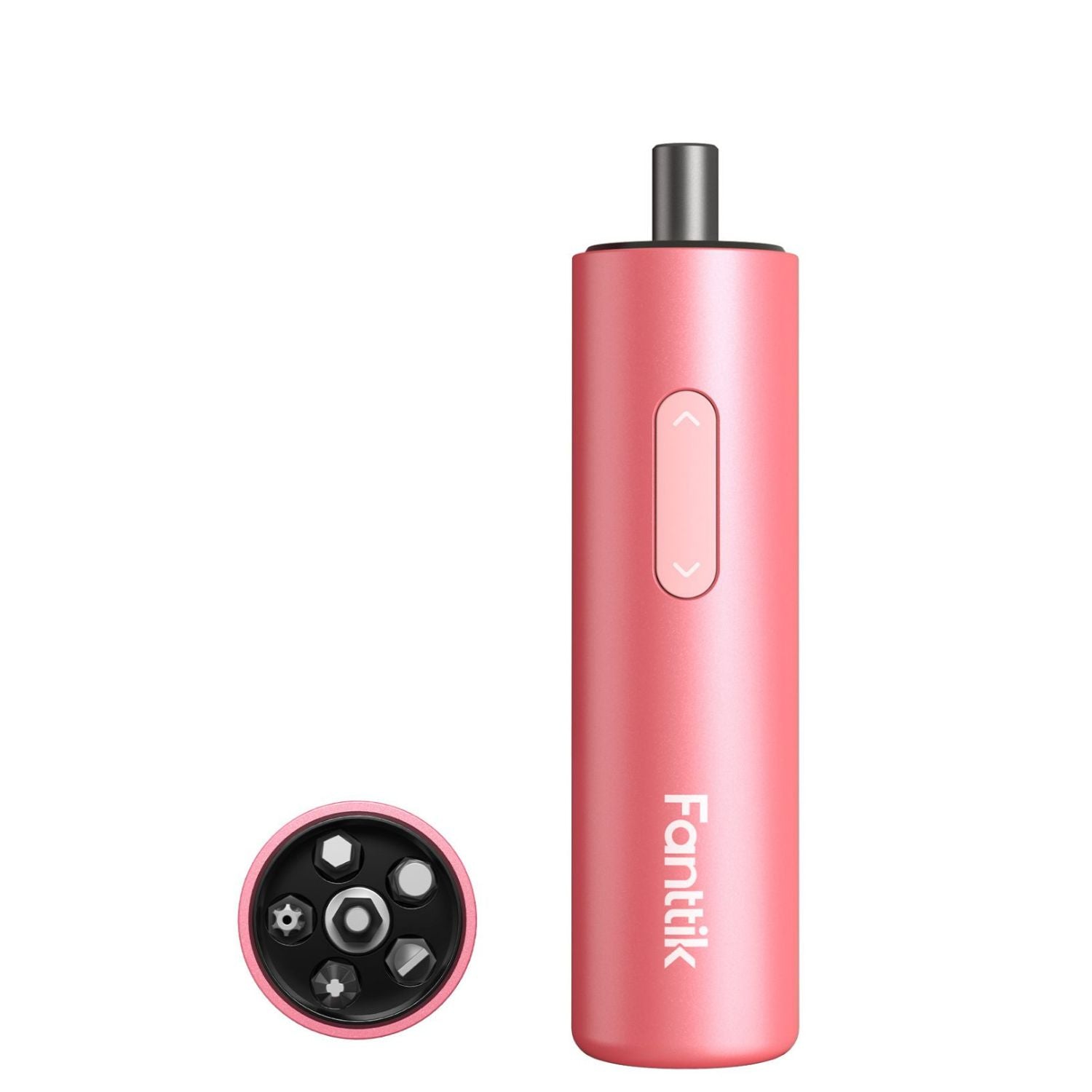 A pink Fanttik S1 Capsule Cordless Screwdriver with a metallic finish, featuring a black mouthpiece, a pink directional control button, and the brand name 'Fanttik' printed vertically. A circular inset on the bottom left shows the detailed control buttons on the device's face.