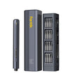 A Fanttik E2 MAX Precision Electric Screwdriver featuring a slim handheld wand, a tall vertical battery pack, and a battery charger holding multiple silver battery cells. The wand and battery pack display the brand name 'Fanttik' in yellow, and the battery pack is labeled 'NEX E2 Max'.