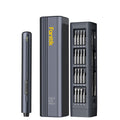 A Fanttik E2 MAX Precision Electric Screwdriver featuring a slim handheld wand, a tall vertical battery pack, and a battery charger holding multiple silver battery cells. The wand and battery pack display the brand name 'Fanttik' in yellow, and the battery pack is labeled 'NEX E2 Max'.