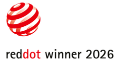 Reddot winner 2026 award logo on a white background, featuring a red and white striped 3D sphere above the text 'reddot winner 2026' with 'reddot' in red and the rest in black.
