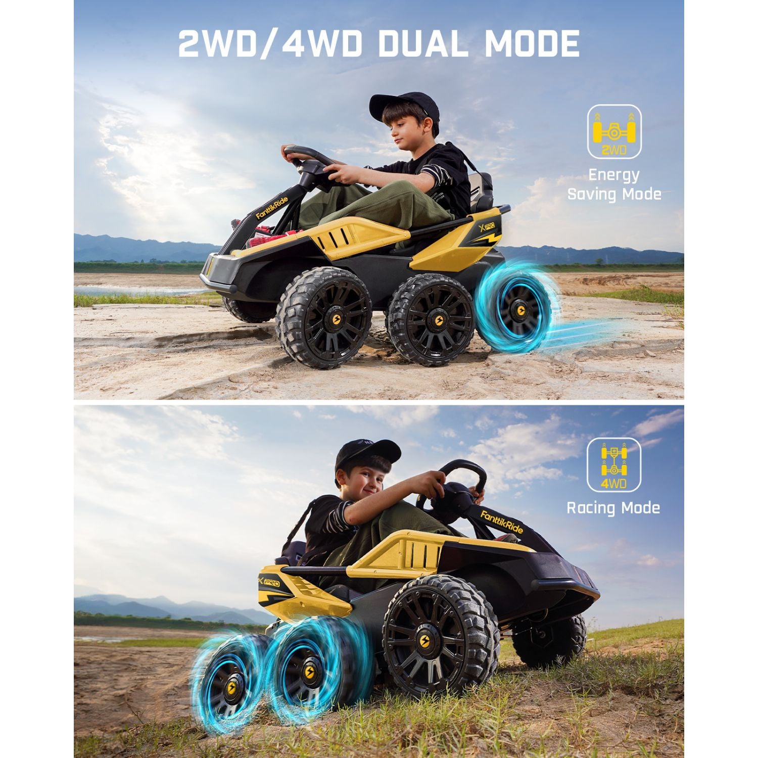 FanttikRide 24V Ride on Toys for Big Kids, 6 Eva Wheels UTV, 4x75W 5.9MPH Powerful Electric Car, 4WD/2WD Switch, Parent Remote, 4 Shock Absorbers, Ideal Gift for Kids Ages 3+