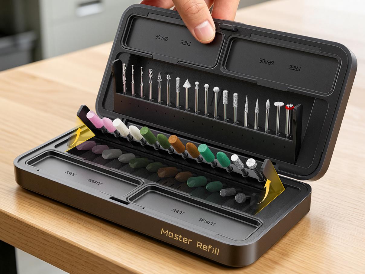 A hand is holding open a Rotary Tool Accessory Kit case on a light wood tabletop. The open case displays multiple drill bits in the upper section and a row of colored burr tips in the lower section.