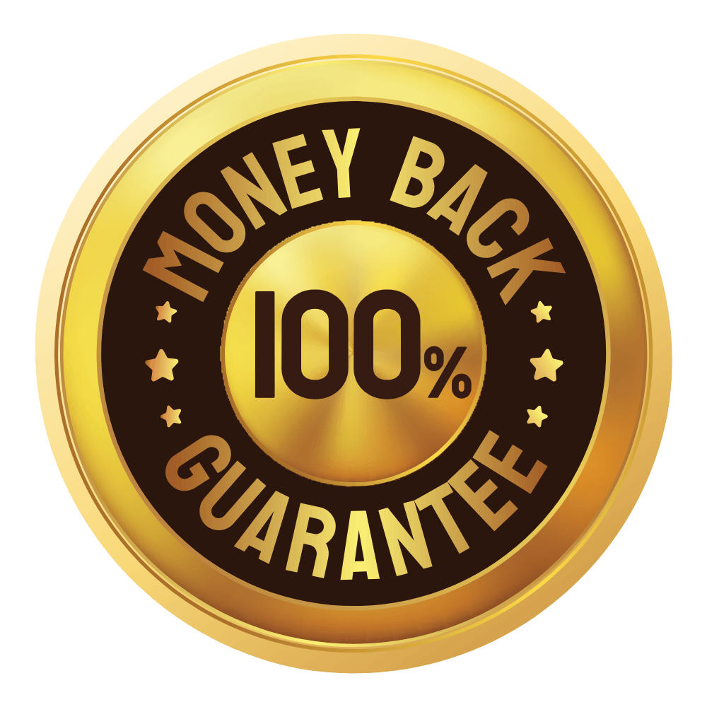A circular gold and black '100% Money Back Guarantee' badge on a solid black background. Any product ordered through our official website can be returned unopened within 30 days of purchase.