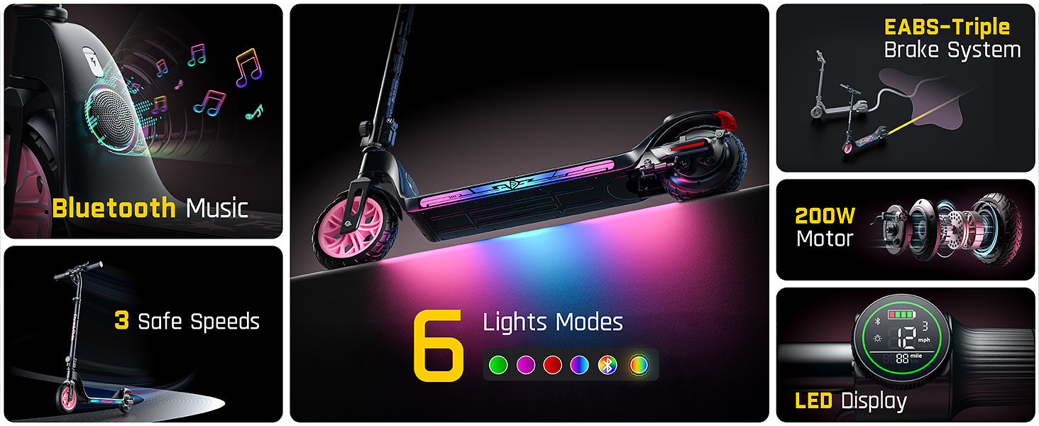 FanttikRide T10 Apex Electric Scooter for Kids 4.3-5.6 ft 200W Motor, LED Colorful Lights with Bluetooth Music Speaker, 7/10/12 MPH Digital Display,45W Fast Charging, Foldable E-Scooter