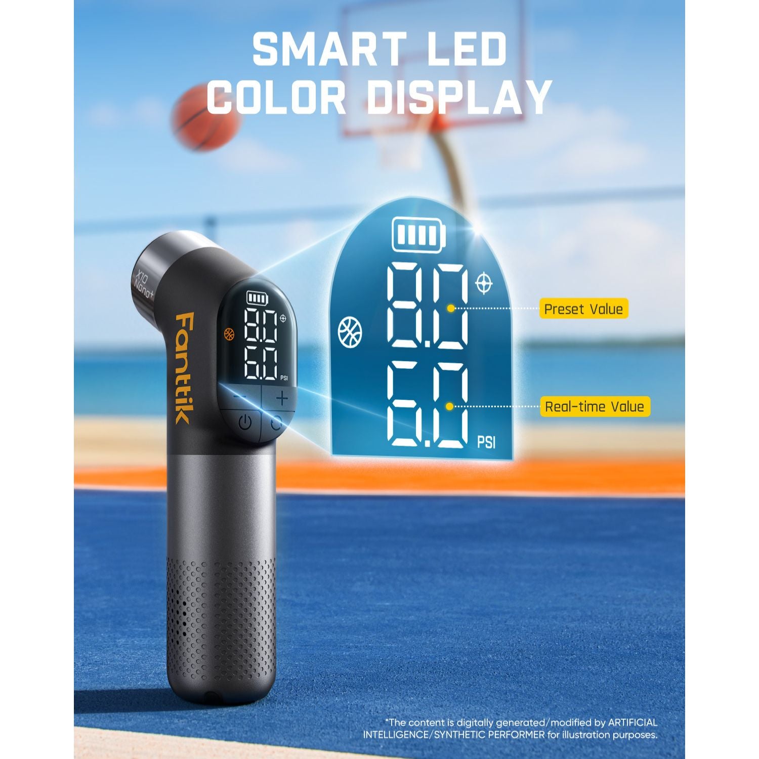A Fanttik X10 Nano Electric Ball Pump with a large overlaid screen graphic showing temperature readings and the text 'SMART LED COLOR DISPLAY.' The product is shown in a real environment with a court, hoop, and basketball visible, so this is Lifestyle rather than Product/Packaging.