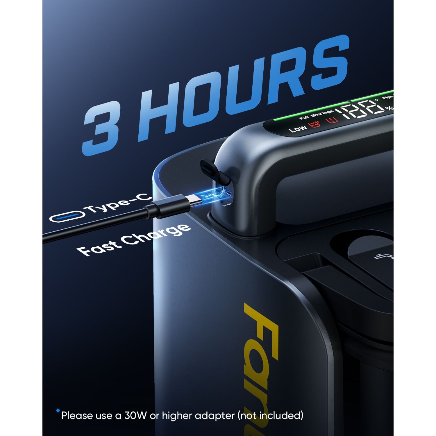 Fast charging device with '3 Hours' text and charging cable on a dark background