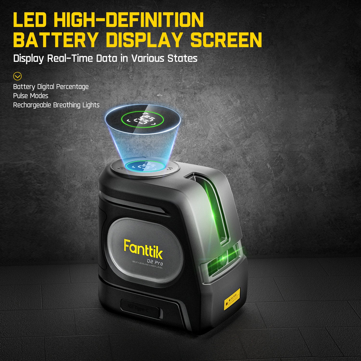 Fanttik D2 PRO Laser Level, Self-leveling Laser Level with LED Screen, 200ft Outdoor Green Cross Line, 130° Vertical Beam Spread Cover, 2600mAh Built-in Rechargeable Battery, 360° Magnetic Base