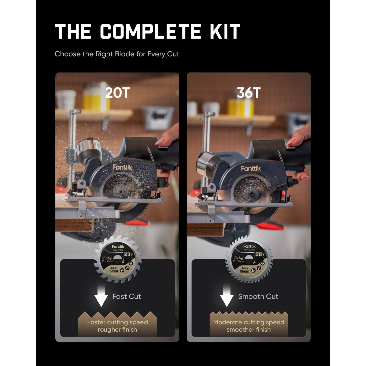 A promotional graphic for a circular saw blade kit titled 'THE COMPLETE KIT' on a black background. It shows two side-by-side panels labeled 20T and 36T, each with a circular saw in use, a blade shown in a magnified inset, and text describing fast cut versus smooth cut.