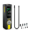 A X10 Cross Tire Inflator with a digital display screen, yellow and gray control buttons, and a flexible black hose, shown alongside several nozzle attachments on a clean white background. The brand name 'Fanttik' is visible on the device.