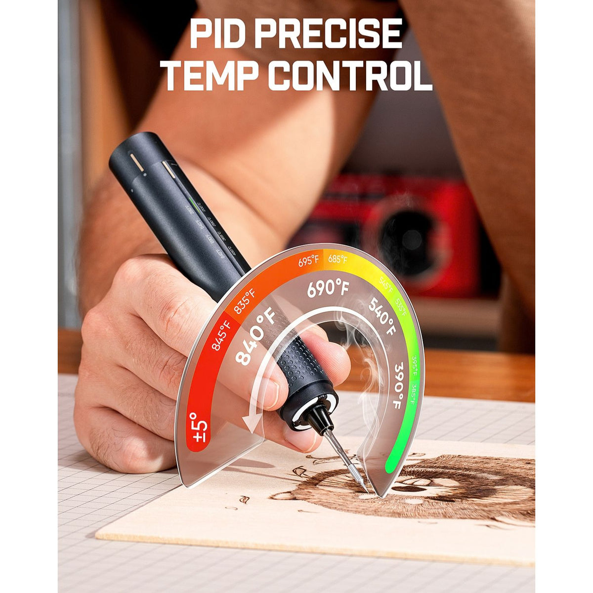 A hand holds a soldering iron, soldering a circuit board, demonstrating high-precision PID temperature control that keeps temperature fluctuations within ±5°C.