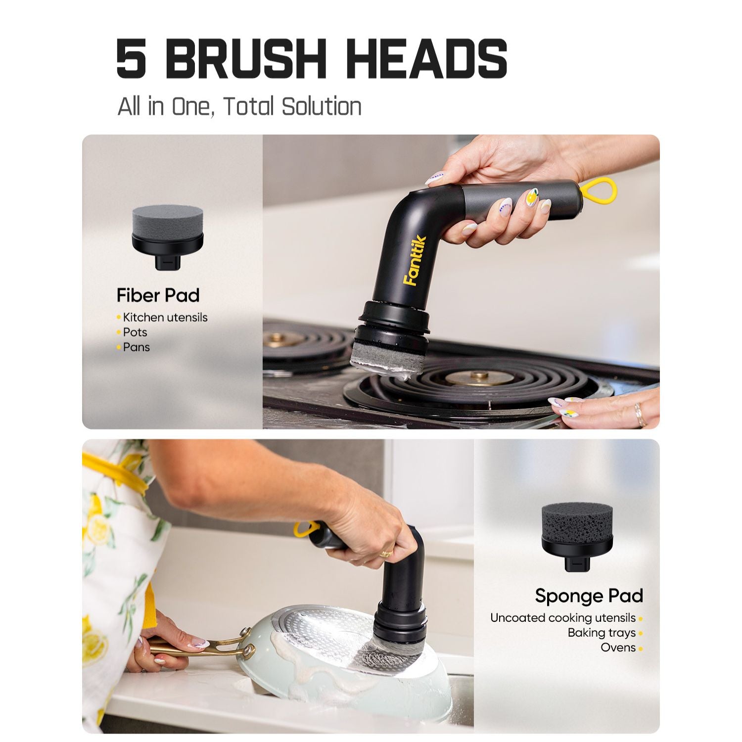 Fanttik G9 Handy Cordless MagnaStorm Electric Spin Scrubber, Dual-Speed Control with 5 Brush Heads, LED Display, IPX7 Waterproof, 2500mAh Battery with Type-C Charging, for Kitchen, Sink, Tile, Stove