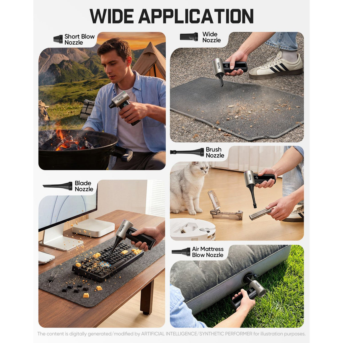A promotional infographic titled 'WIDE APPLICATION' showing multiple lifestyle scenes of a Electric Air Duster being used in different settings: outdoors near a campfire, on pavement, with a cat, on a desk, and on an air mattress in grass. The collage includes labeled nozzle types: Short Blow Nozzle, Wide Nozzle, Brush Nozzle, Blade Nozzle, and Air Mattress Blow Nozzle.