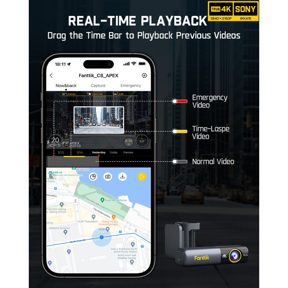 Drag the time bar to playback, helping you to view quickly. It can be viewed in longer sections then normal dash cam, helping to reduce the operation steps when viewing.