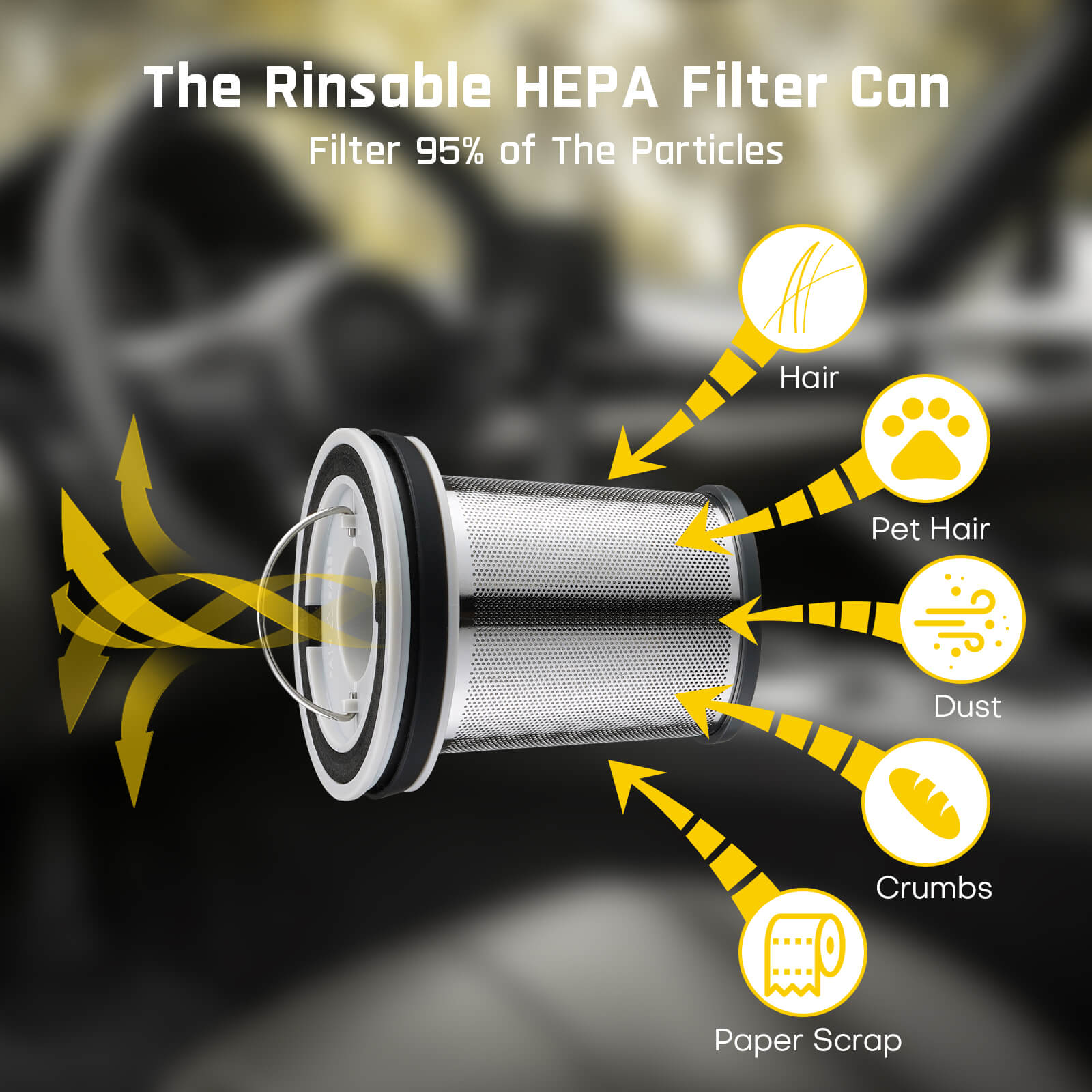 The HEPA 11 filter filters out 95% of particles such as fine dust, sawdust, wood chips, fine powder, and work site debris