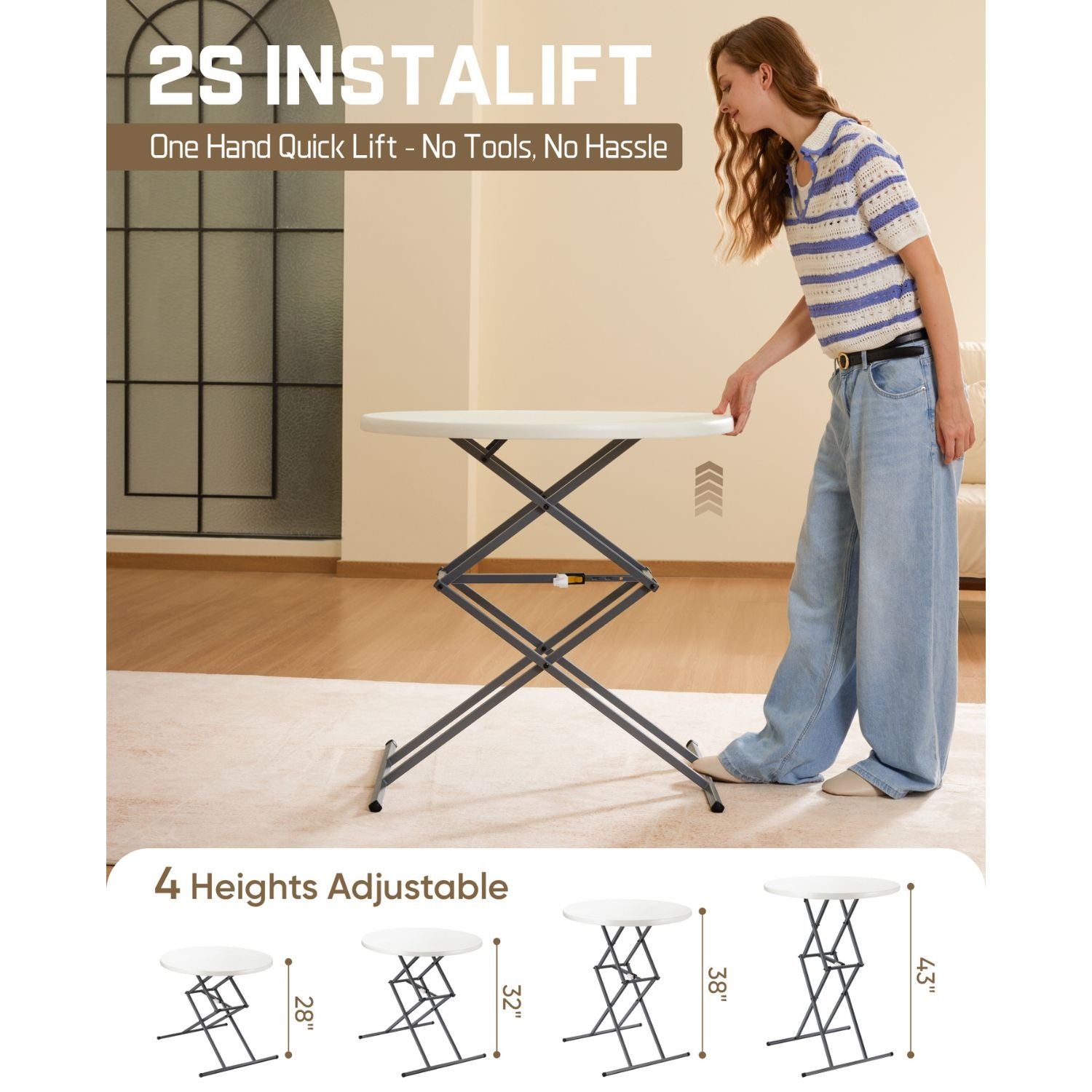 FanttikOutdoor 32" Round Folding Table 4 Heights Adjustable, One-Hand Quick Lift, Instalift, Plastic Portable Indoor Outdoor Table for Parties Commercial Events, 1 Pack, Granite White Zeta O3 Pro