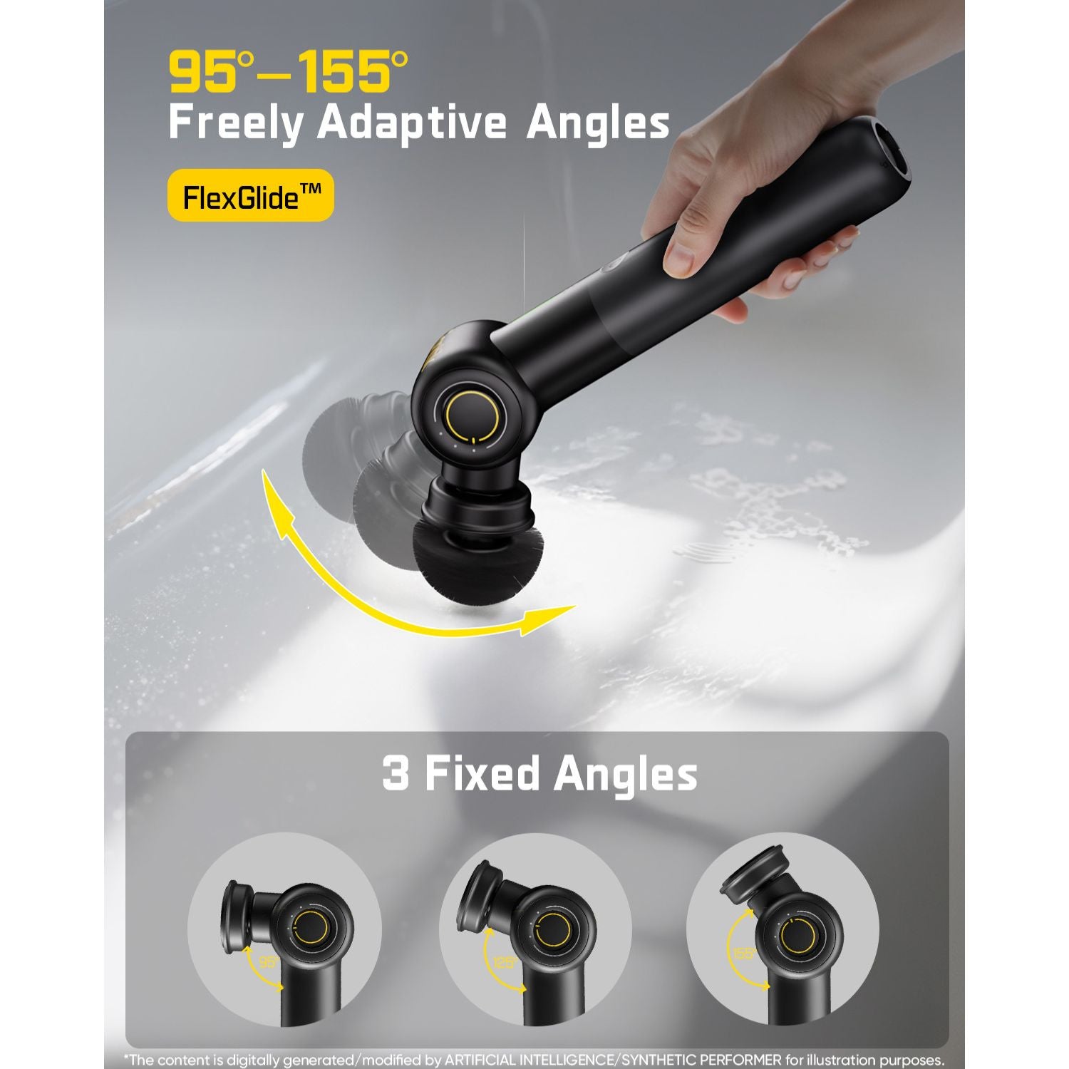 Black G9 Pro Electric Spin Scrubber shown being held in a hand over a white sink, with marketing text reading '95°-155° Freely Adaptive Angles' and 'FlexGlide™', plus a bottom panel showing three fixed angles.
