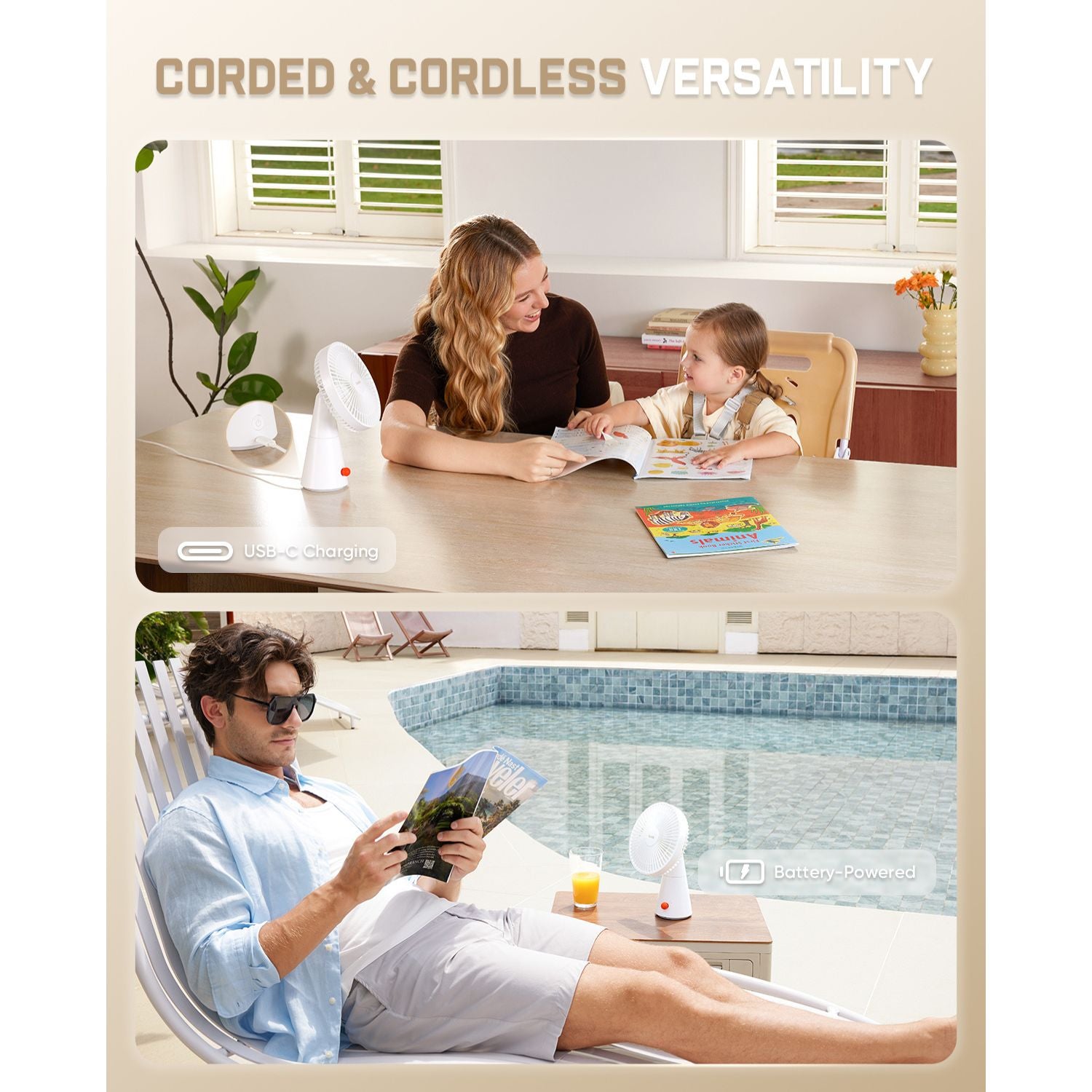 A promotional collage showing a small white cordless fan in two lifestyle settings: one scene with a woman and child reading at a table indoors, and another scene with a man relaxing by a swimming pool reading outdoors. The image includes the text 'CORDED & CORDLESS VERSATILITY' at the top.