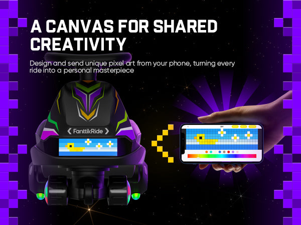 A promotional graphic for a digital pixel art canvas app. The left side shows a futuristic black ride vehicle with a glowing blue pixel art screen, and the right side shows a hand holding a smartphone displaying a yellow pixelated duck design.