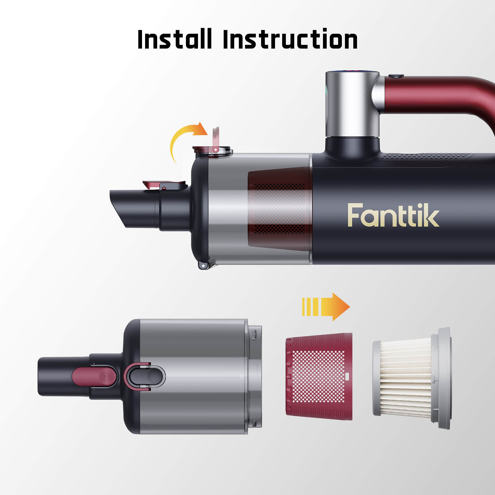 Install instruction diagram for a Fanntik cordless vacuum cleaner, showing the main vacuum body, a nozzle attachment, a filter, and an air filter with arrows indicating assembly steps on a light gray background.