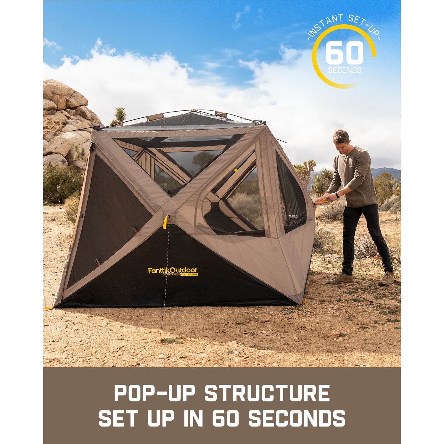 Person setting up FanttikOutdoor Alpha C4 Ultra Instant Cabin Tent in rocky outdoor area, featuring pop-up structure that sets up in 60 seconds