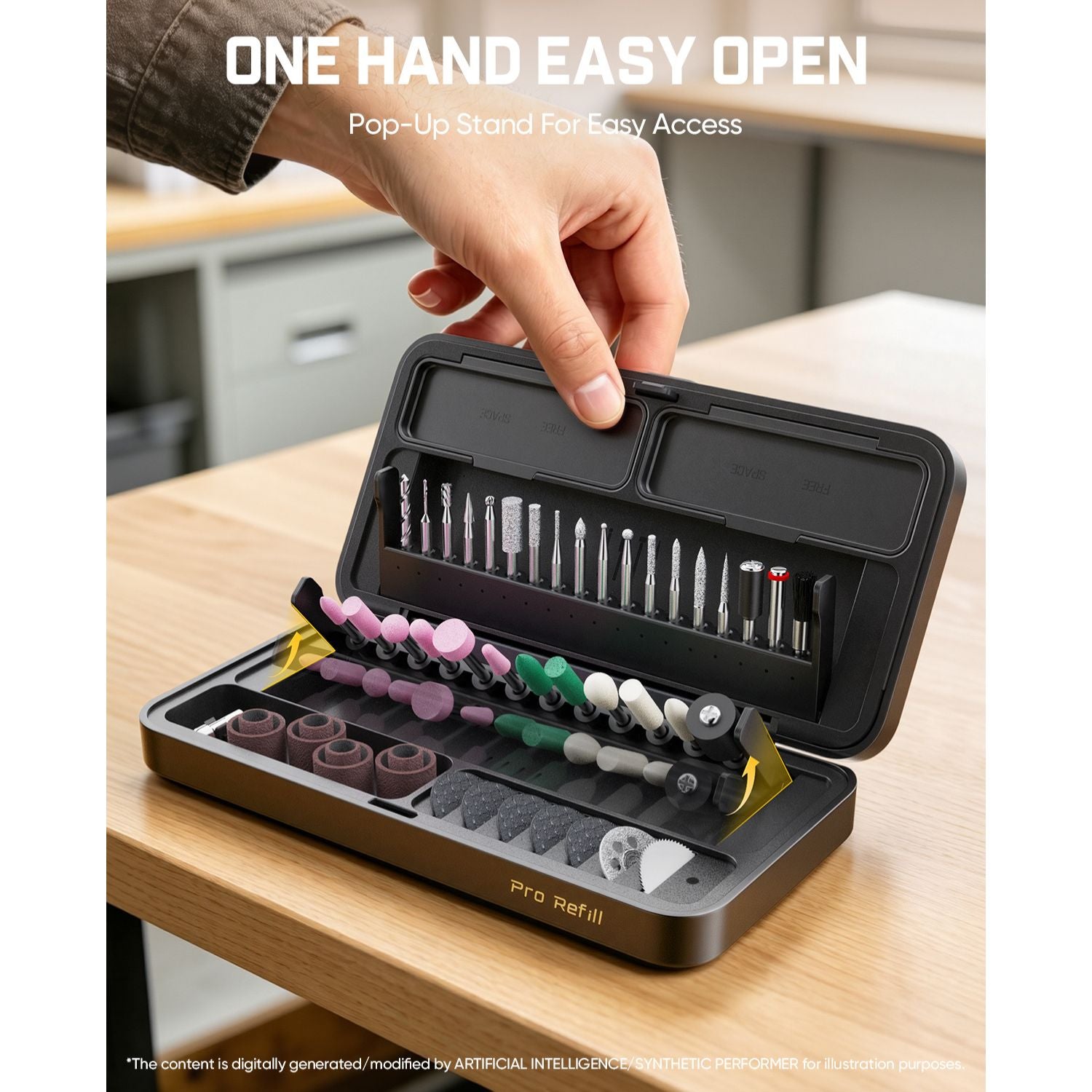 A hand opens a Pro Refill pop-up stand case on a wooden table, showing various drill bit attachments and refill cartridges inside. White text at the top reads 'ONE HAND EASY OPEN' and 'Pop-Up Stand For Easy Access'.