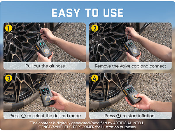 Instructional graphic showing four steps for using a tire inflator: 1) Pull out the air hose, 2) Remove the valve cap and connect, 3) Press the mode button, and 4) Press the start button to begin inflation. The graphic includes a blue header reading 'EASY TO USE' and shows hands holding the device next to a car wheel.