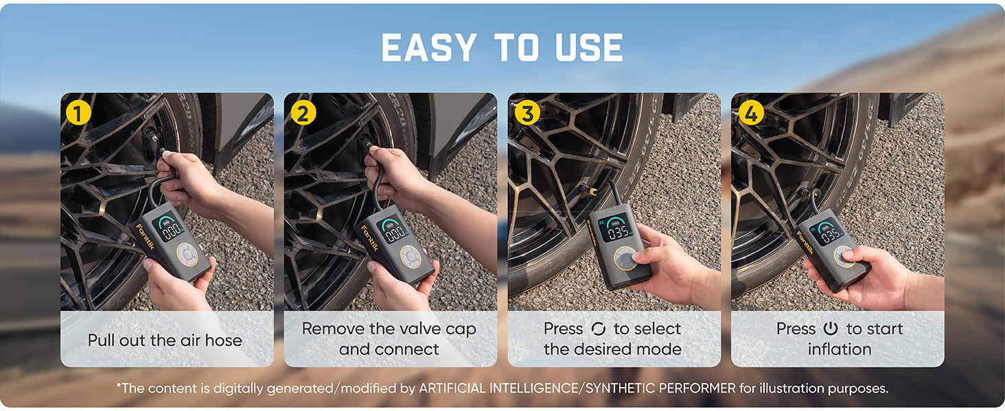 Instruction graphic showing four steps to use a tire inflator: pull out the air hose, remove the valve cap and connect, press G to select a mode, and press O to start inflation. The steps are displayed in four panels under the heading 'EASY TO USE' against a blurred outdoor background.