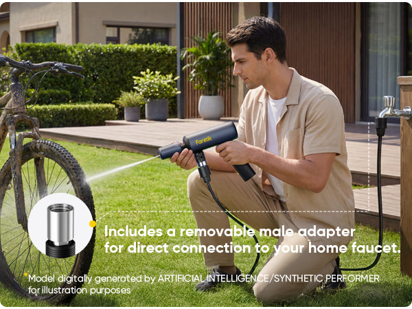Man using a pressure washer on a bicycle outdoors with text about a removable male adapter.