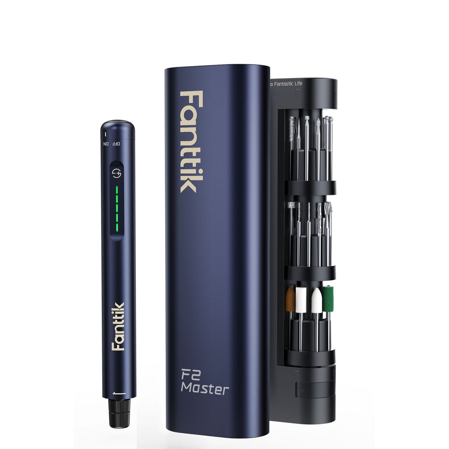 A Fanttik F2 Master Cordless Rotary Tool shown on a clean white background, including a dark blue rotary pen and a dark blue cylindrical storage case, and a side-mounted holder with multiple accessories.