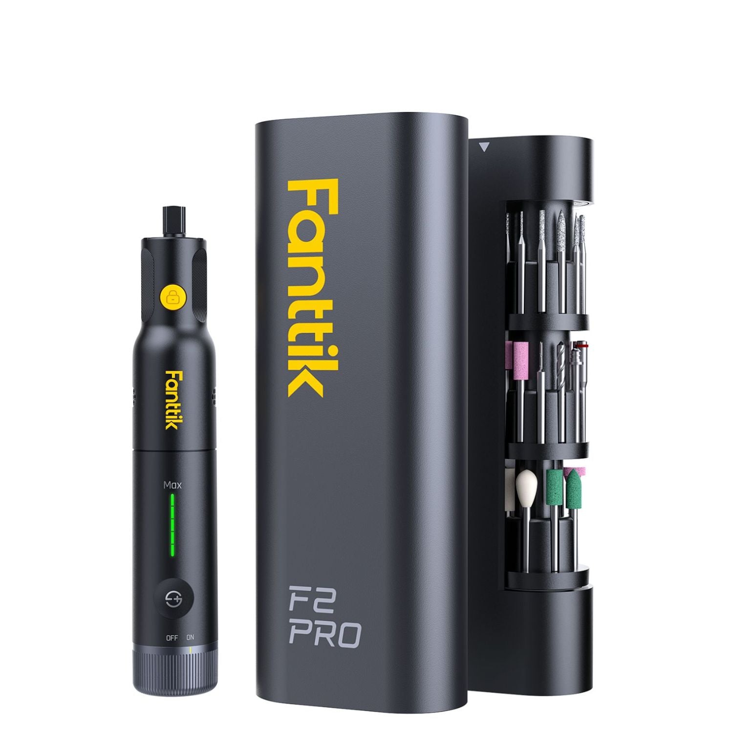 A Fanttik F2 Pro rotary pen shown alongside its black cylindrical storage case and a side-mounted pen holder containing multiple colored needles and tips, on a solid white background.