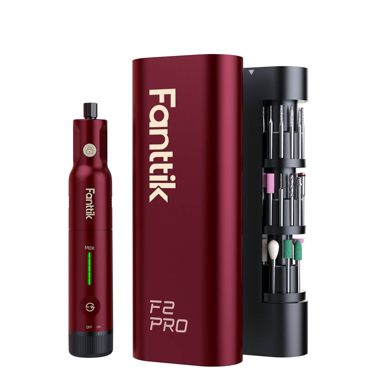 A Red Fanttik F2 Pro rotary pen shown alongside its black cylindrical storage case and a side-mounted pen holder containing multiple colored needles and tips, on a solid white background.