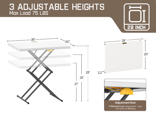 FanttikOutdoor 28 inch Small Folding Table, One-Handed Height Adjustment, 3 Heights, Lowering Lever, Instalift, Portable Side Table for Tv Tray, Desk, Kitchen, No Assembly, Granite White Zeta X1 Apex
