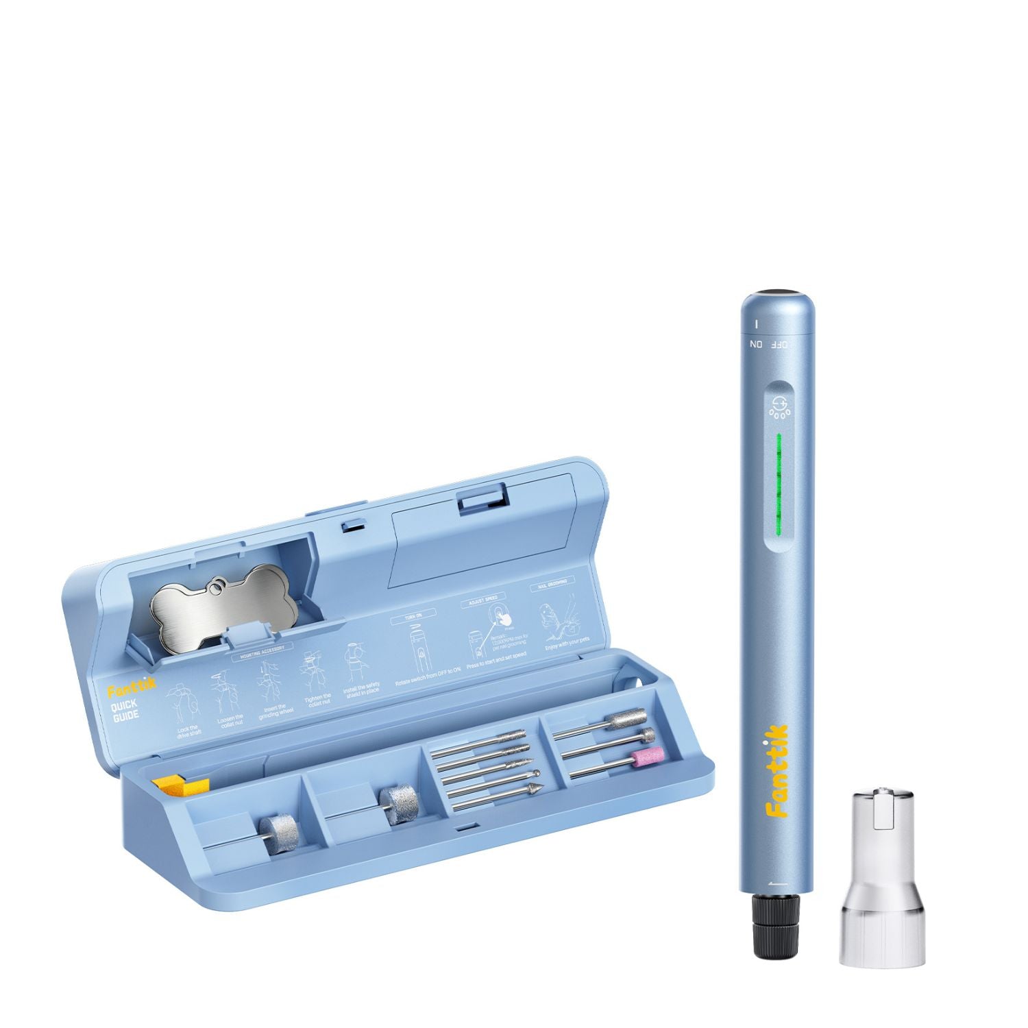 A light blue F2 Master Pet Dog Nail Grinder set shown on a clean white background, including an open storage case with multiple interchangeable bits, a standing pen-style tool, and a separate metal attachment. The brand name Fanttik is visible on the tool and case.