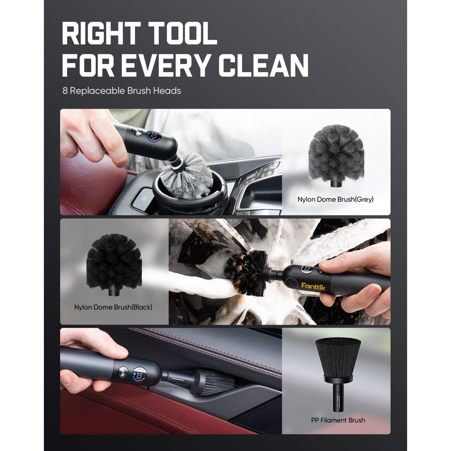 Fanttik Flip G10 Nano AutoCare Cordless Electric Scrubber, Dual-Speed with 8 Brush Heads, Adjustable Angle & Smart Display, IPX7 Waterproof for Deep Car Cleaning