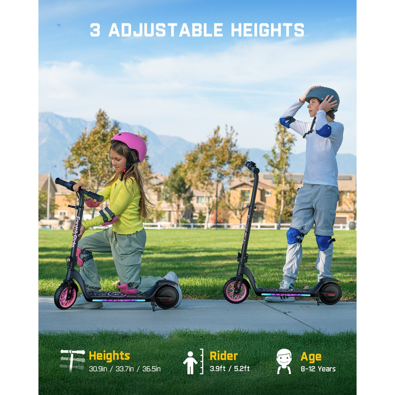 Fanttikride C10 Apex Electric Scooter for Kids,Bluetooth Music Speaker, LED Display, 5/8/10 MPH, 6.5 Miles Range, Height Adjustable, Type C Charging, Foldable Electric Scooter, 3.9-5.2 ft