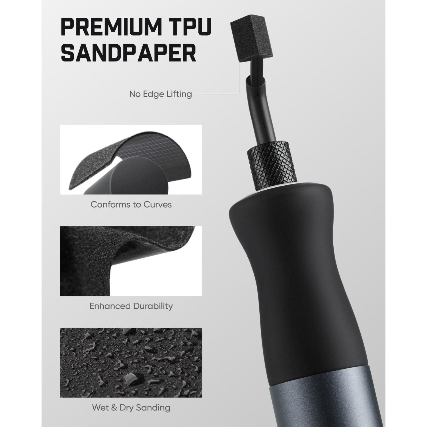 A close-up of a black TPU sanding block with a textured handle and a rectangular sanding tip, shown alongside feature callouts reading 'PREMIUM TPU SANDPAPER,' 'No Edge Lifting,' 'Conforms to Curves,' 'Enhanced Durability,' and 'Wet & Dry Sanding.'.
